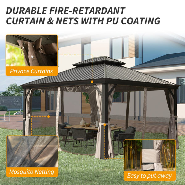 English Elm 10' X 14' Hardtop Gazebo - Durable Aluminum Frame, Double Roof, Curtains & Netting For Year-Round Comfort W1859S00160