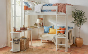 English Elm Full Size Loft Bed with Rotating Desk Led Lighting Sofa and Bookshelf Storage White LT000200AAK