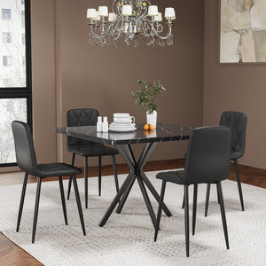 English Elm Square MDF Dining Set for 4 with Faux Marble Top, Mid-Century Modern Iron Legs, Easy-Clean Surface Black W578S00027