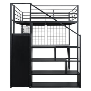 English Elm Full Full Size Metal Loft Bed with Built-In Desk, Wardrobe & Stair Storage, LED Lights, Space-Saving Black GX000663AAB