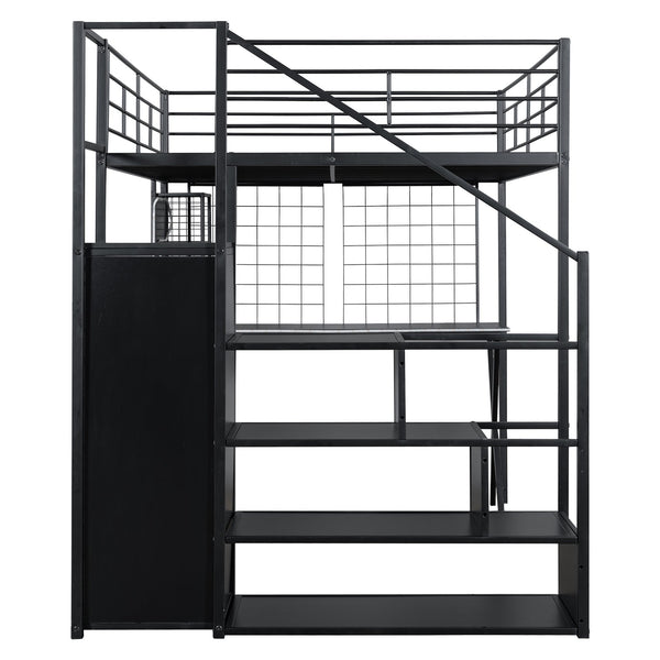 English Elm Full Full Size Metal Loft Bed with Built-In Desk, Wardrobe & Stair Storage, LED Lights, Space-Saving Black GX000663AAB