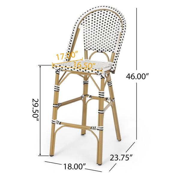 English Elm Christopher Knight Home® - 29.5" Outdoor PE Rattan French Barstool with Bamboo-Print Aluminum Frame, Durable Wicker Cafe Charm White+Black 71422.00BWHI