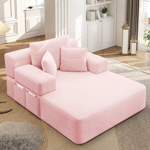 English Elm Luxurious Corduroy Frameless Chaise with Sleeper Conversion Foam Cushioning and Storage Pocket Baby Pink W3219P459763