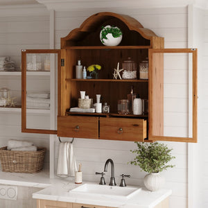 English Elm Vintage Wave-top Solid Wood Wall Cabinet Distressed Brown Finish for Kitchen or Bath W757P433279