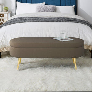 English Elm Ottoman Oval Flannel Storage Bench with Matte Metal Legs for Bedroom or Living Room Brown W487P438631