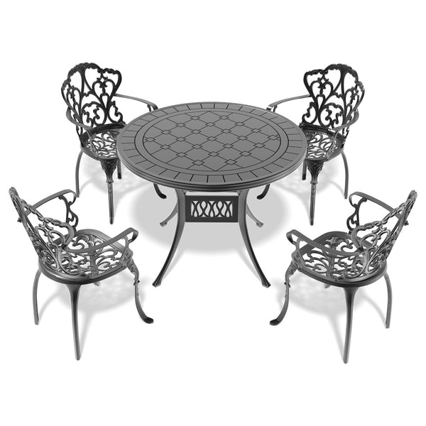 English Elm 5-piece Cast Aluminum Outdoor Dining Set with Ornate Relief Patterning and Cushioned Armchairs W1710S00550