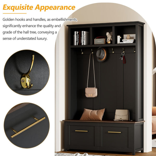 English Elm On-trend Entryway Hall Tree with Gold Hooks Bench Drawers and Shoe Cabinet Storage Black N721S000056B-1