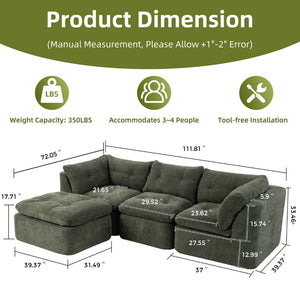 English Elm Modern Chenille Cloud Sectional with Ottoman Deep Sink Modular L Shaped Living Room Sofa Blackish Green W2379S00002