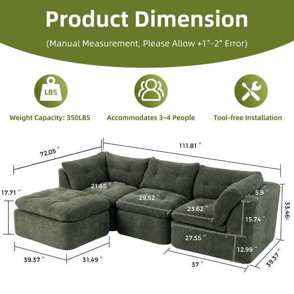 English Elm Modern Chenille Cloud Sectional with Ottoman Deep Sink Modular L Shaped Living Room Sofa Blackish Green W2379S00002