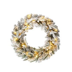 English Elm Christmas Snow Flocked Wreath Set with 9ft Garland & 6ft Tree, Warm LED Lights, 3-Piece Indoor Decor (100) PX283313AAW