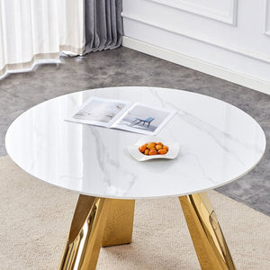 English Elm Table 7-Piece Dining Set - 42" Round Snow Mountain White Sintered Stone Table & Elegant Chairs W2920S00046-GIGA