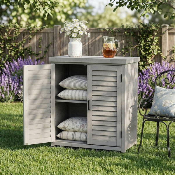 English Elm Potting Bench Solid Wood Workstation with Metal Top Louvered Cabinet Outdoor Garden Grey W2640P228394
