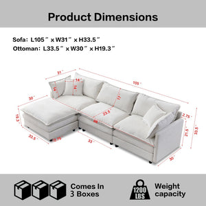 English Elm 105" L-shaped Chenille Sectional with Ottoman Pocket Spring Living Room Sofa Beige W1097S00225
