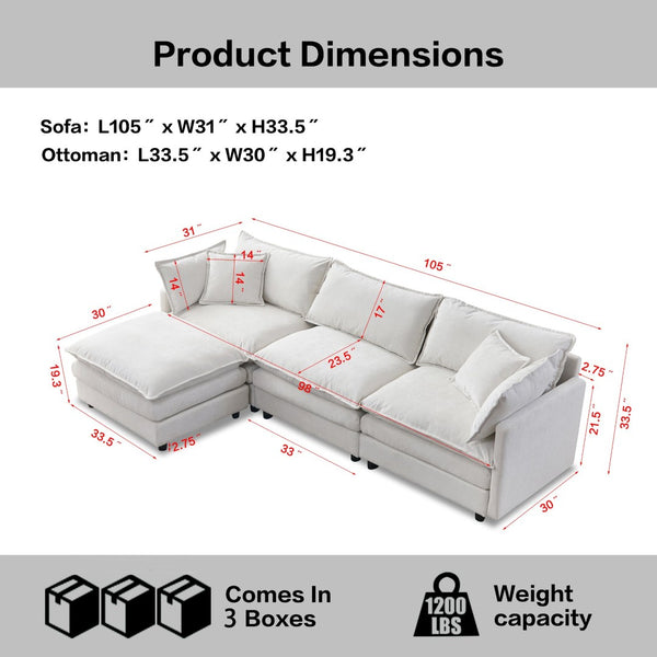 English Elm 105" L-shaped Chenille Sectional with Ottoman Pocket Spring Living Room Sofa Beige W1097S00225