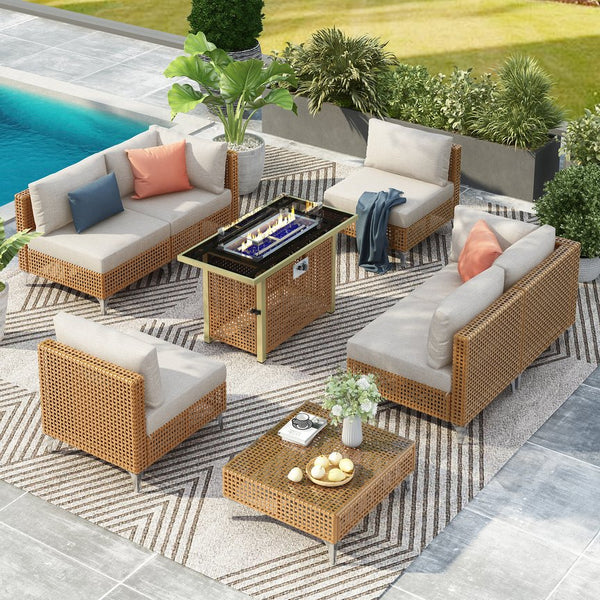 English Elm K&K 8-Piece Patio Conversation Set with 43" 60,000 BTU Propane Fire Pit, UV Wicker & Thick Cushions Beige,Orange N707S000012Z