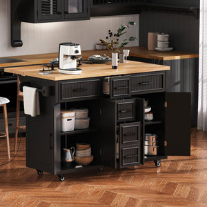 English Elm K&K 56.5" Kitchen Island with Drop Leaf, Embossed Vertical Stripe Barn Doors, Wheels & Charging Hub Black N707P263094B