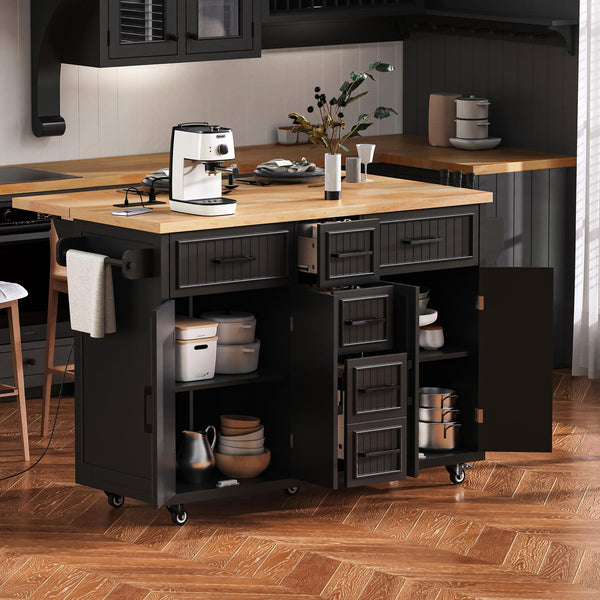 English Elm K&K 56.5" Kitchen Island with Drop Leaf, Embossed Vertical Stripe Barn Doors, Wheels & Charging Hub Black N707P263094B