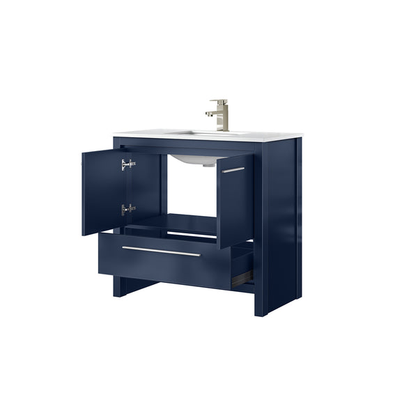 English Elm Navy Blue Bath Vanity With Cultured Marble Top, Brushed Nickel Faucet, And Ample Storage Space B2731P259351