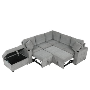 English Elm 84.7" Sectional Sofa Convertible Pull-Out Bed with Hidden Ottoman, USB Ports, Cup Holders, Chenille Comfort Gray N719S001930E