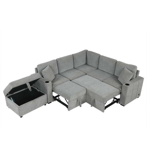 English Elm 84.7" Sectional Sofa Convertible Pull-Out Bed with Hidden Ottoman, USB Ports, Cup Holders, Chenille Comfort Gray N719S001930E