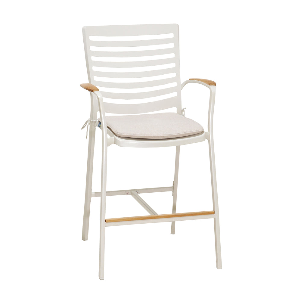 English Elm Isora Aluminum Outdoor Barstool 25" Seat Height in Light Matte Sand with Teak Accent & Weatherproof Fabric B2736P354277