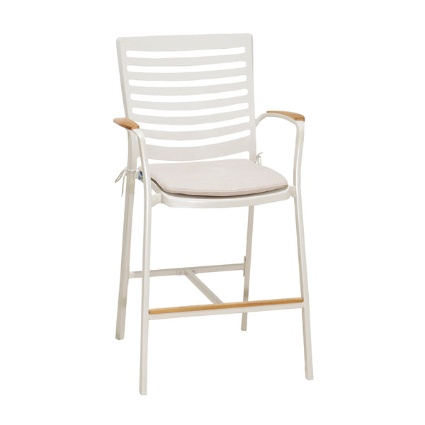 English Elm Isora Aluminum Outdoor Barstool 25" Seat Height in Light Matte Sand with Teak Accent & Weatherproof Fabric B2736P354277