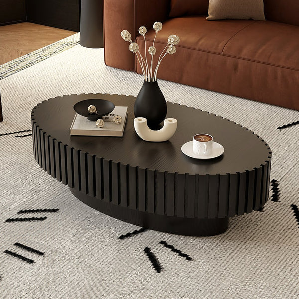 English Elm Oval Handcrafted Relief Coffee Table with Sturdy MDF Pedestal, Olive-Inspired Shape, Easy Assembly, Modern Chic Design Black W3081P255089