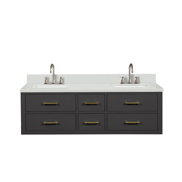 English Elm Black 60-inch Double Bath Vanity with White Quartz Top, Solid Wood Frame, Soft-Close Drawers & Chrome Faucets B2731P258039