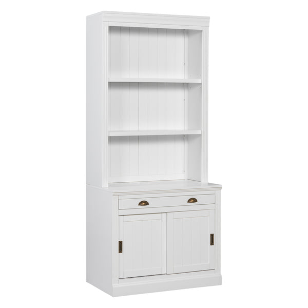 English Elm 83.4"Tall White Bookshelf Suite With Led Lighting, Sliding Doors & Drawers For Stylish Storage Solutions N751S059620K