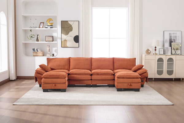 English Elm Sectional Modular Cloud Sofa Deep Corduroy Upholstered Comfort for Living Room Studio Orange W395S00135