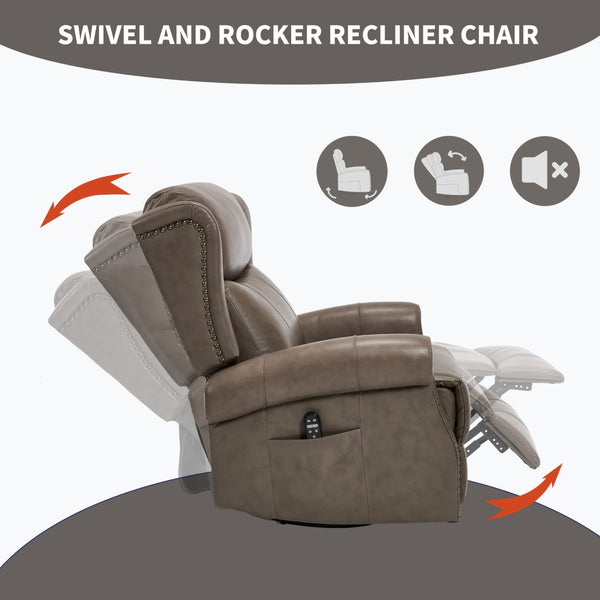 English Elm Heat Massage Swivel Rocker Recliner Genuine Leather Chair with Lumbar Relief W3224S00011