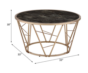English Elm Cicatrix Round Glass Top Coffee Table with Champagne Metal Cone Base and Faux Black Marble Accent B2726P281465