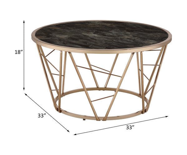 English Elm Cicatrix Round Glass Top Coffee Table with Champagne Metal Cone Base and Faux Black Marble Accent B2726P281465