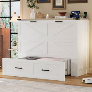 English Elm Full Farmhouse Murphy Cabinet Bed with Charging Station and Large Drawers, Space-Saving Guest Solution White 52.25 L x 26.25 W x 5.25 H N733S237853W