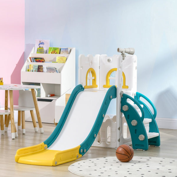 English Elm Qaba Toddler Indoor Playset with Slide Climber Basketball Hoop Telescope Storage W2225P217348