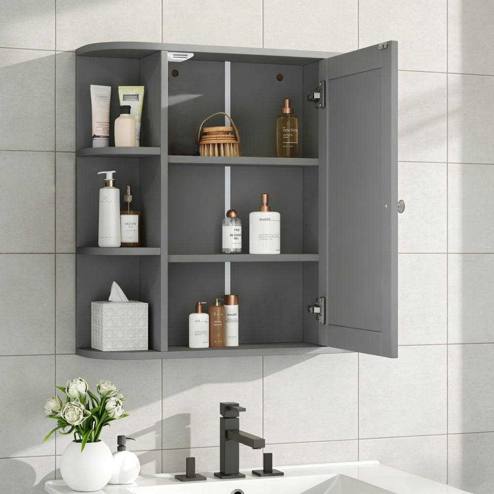 English Elm Bathroom Wall Cabinet with Mirror Door Open Shelving and Adjustable Interior Storage Gray N817P375228G