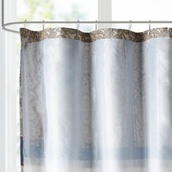 JLA Home Madison Park - Embroidered Jacquard Shower Curtain with Medallion Motif, Color-Blocked Texture & Rust-Resistant Grommets Navy MP70-7543