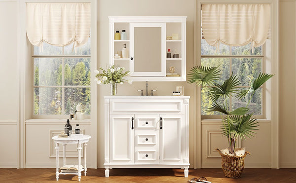 English Elm 36'' Bathroom Vanity with Sink and Mirror Cabinet, Modern MDF & Solid Wood Design, Ceramic Top, Soft-Close Doors White SW000115AAK-1
