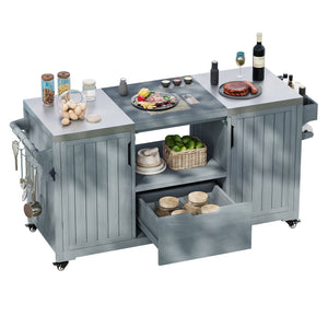 English Elm K&K 66.5" Outdoor Kitchen Island with 1.2" Stainless Steel Top, Ample Storage, Wheels & Bottle Opener Grey+Blue N707P250629G