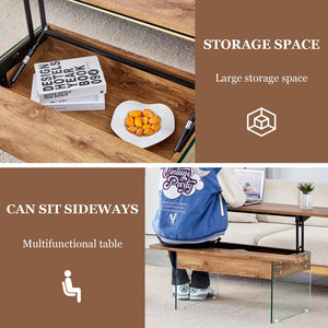 English Elm Multifunctional Lift Top Coffee Table with Tempered Glass Legs, Ergonomic Storage and Durable MDF Finish Natural Wood,Transparent W2920P226073