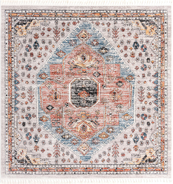 Unique Loom Aramis Victor Machine Made Tribal Rug Gray, Black/Ivory/Rust Red/Terracotta/Light Blue 10' 0" x 10' 0"