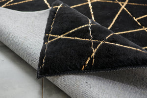 English Elm Luxury Plush Black Geometric Abstract Faux Fur Area Rug With Gold Accents - Machine Washable Comfort B030P233703