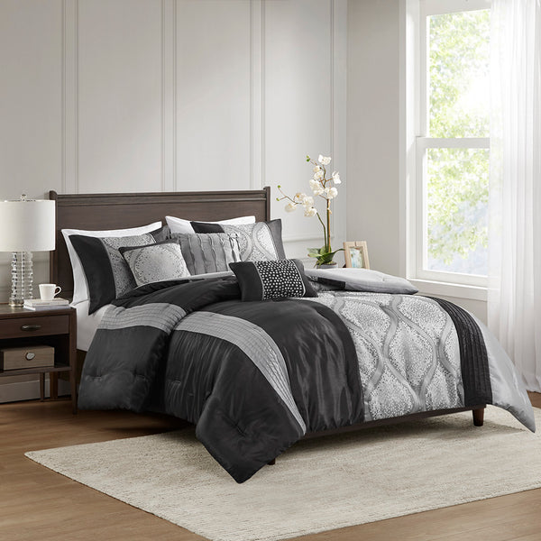 JLA Home Madison Park - 6 Jacquard Comforter Set with Ogee & Stripe Design, Hypoallergenic Fill, Decorative Throw Pillows, Machine Washable 90 L x 90 W x 1.5H MP10-8433