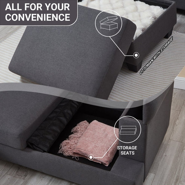 English Elm 86" Linen Sectional Sofa with Storage Ottoman Reversible Chaise for Small Spaces Dark Gray W1669S00038