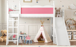English Elm Twin Loft Bed Solid Pine Frame with Wardrobe Shelving Detachable Slide Kids Room Pink+White W5305S00016