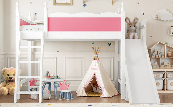 English Elm Twin Loft Bed Solid Pine Frame with Wardrobe Shelving Detachable Slide Kids Room Pink+White W5305S00016