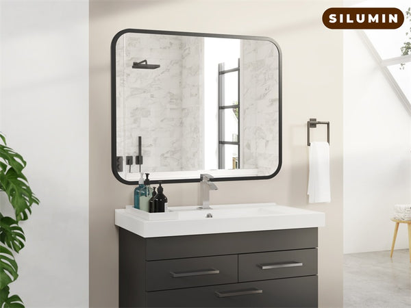 English Elm Black Bathroom Wall Mirror 40x32" Rectangle with Rounded Corners, Anti-Rust Aluminum Frame, Shatterproof Glass T3177P296179