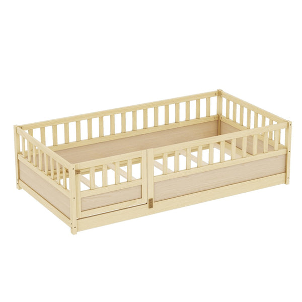 English Elm Twin Size Floor Bed With High Security Barrier & Child-Safe Door - Montessori Natural Wood Frame W1858P197426-GIGA