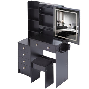 English Elm 37" Vanity Table Set with Led Mirror Stool Built-in Outlets and Hair Dryer Storage Black W3258P448844