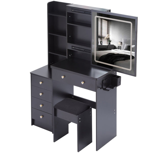 English Elm 37" Vanity Table Set with Led Mirror Stool Built-in Outlets and Hair Dryer Storage Black W3258P448844
